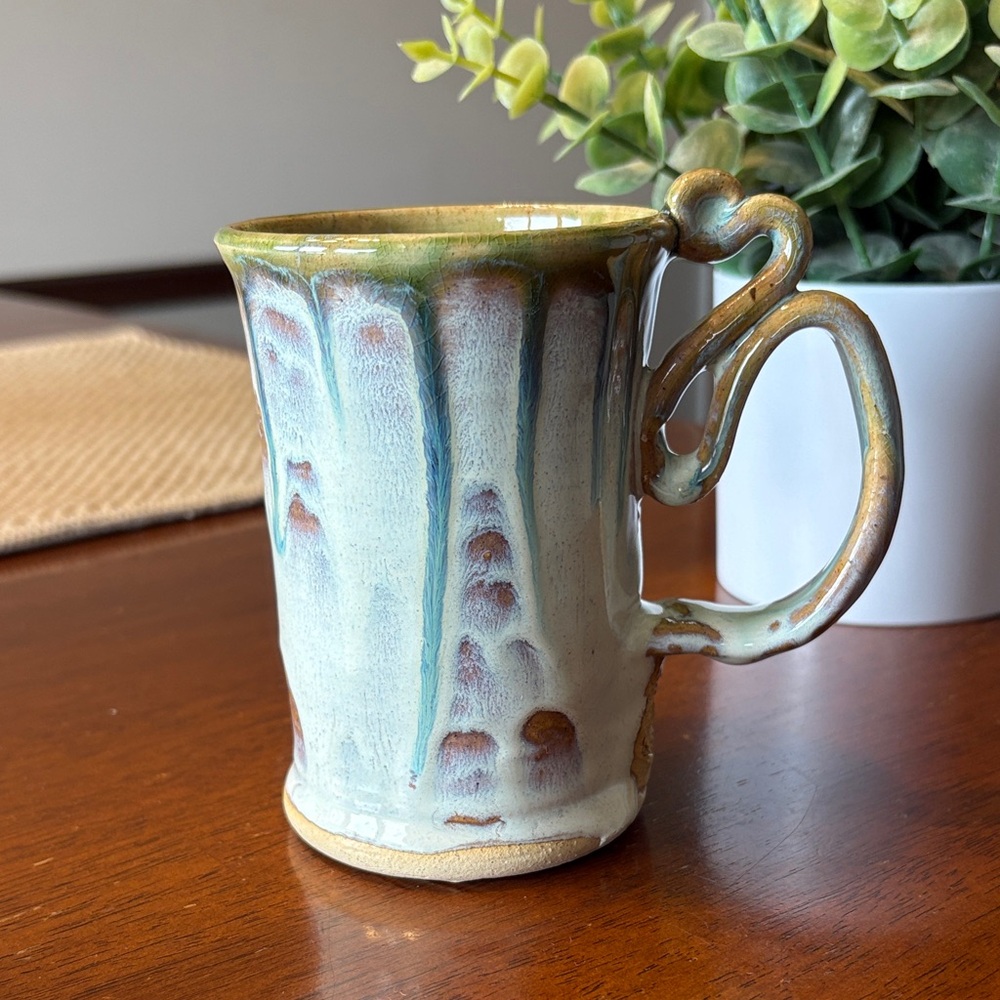 Handmade Clay Mug in Green and Cream Drip Glaze w/ Starfish Imprint